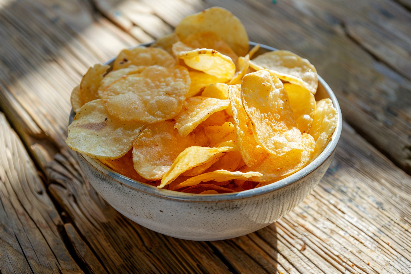 Image gratuite Bol de chips sur table en bois 7