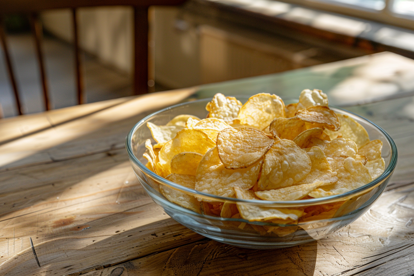 Image gratuite Bol de chips sur table en bois 9