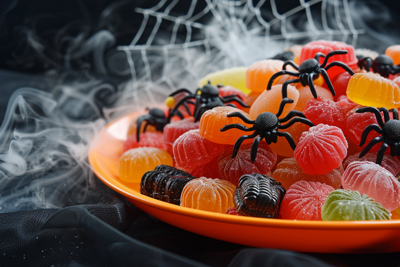 Image gratuite Bonbons d&rsquo;Halloween avec araignées sur assiette orange 1