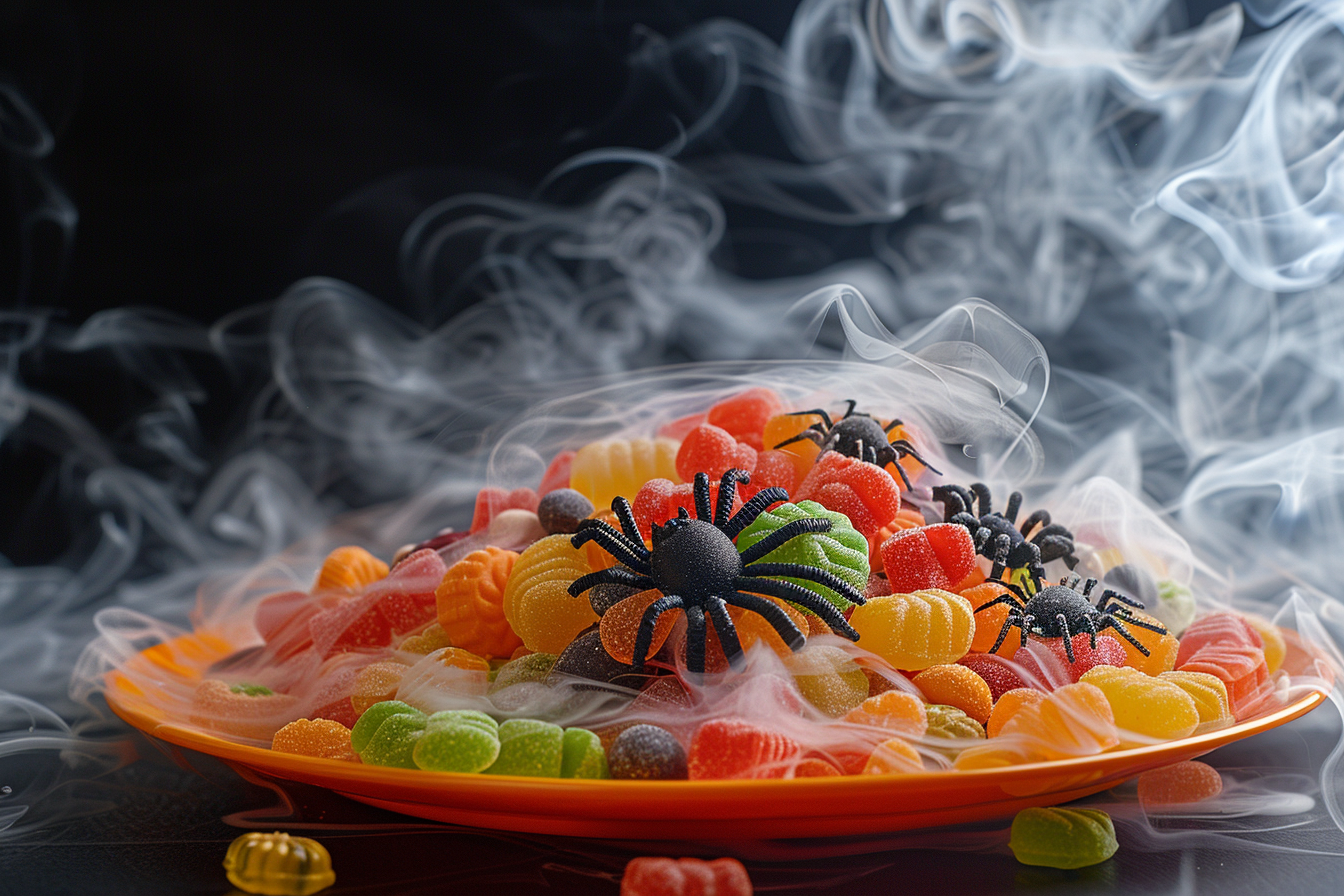 Image gratuite Bonbons d&rsquo;Halloween avec araignées sur assiette orange 2