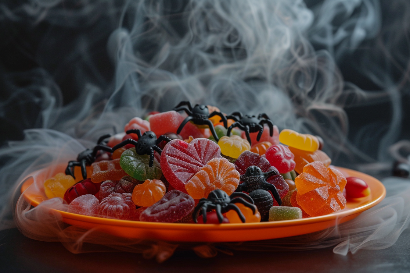 Image gratuite Bonbons d&rsquo;Halloween avec araignées sur assiette orange 3