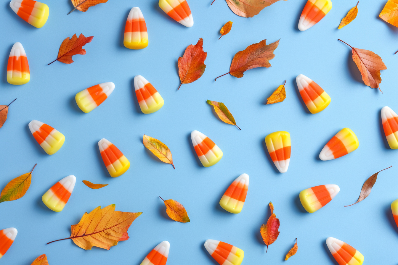 Image gratuite Bonbons de maïs d&rsquo;Halloween sur fond bleu avec feuilles 1