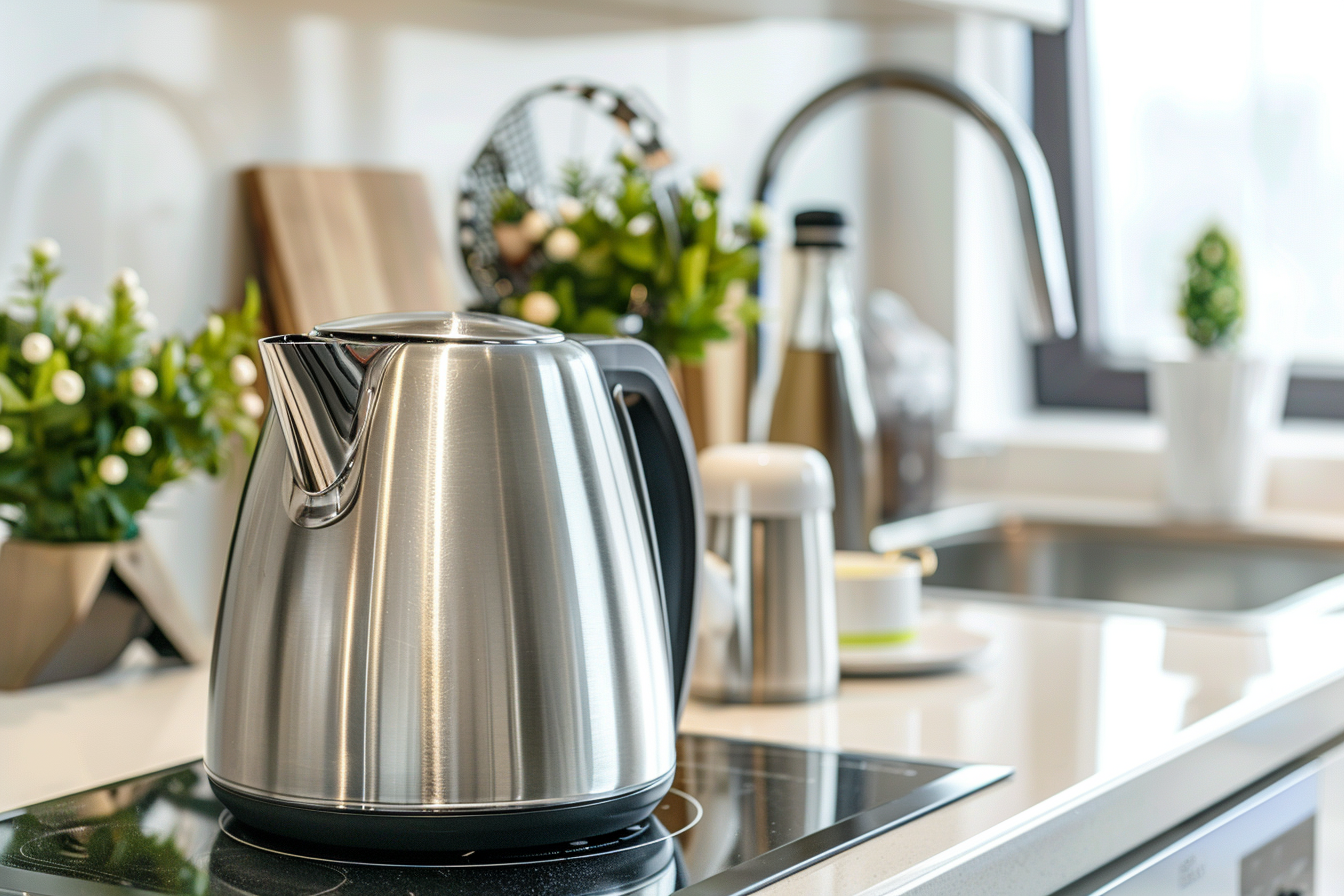 Image gratuite Bouilloire en acier inoxydable sur cuisinière blanche 2