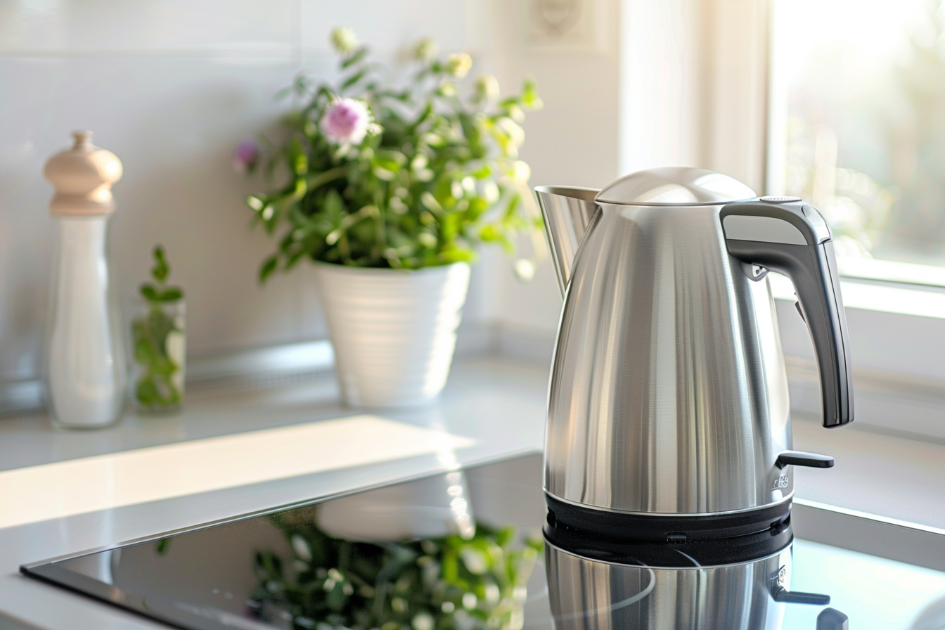 Image gratuite Bouilloire en acier inoxydable sur cuisinière blanche 3