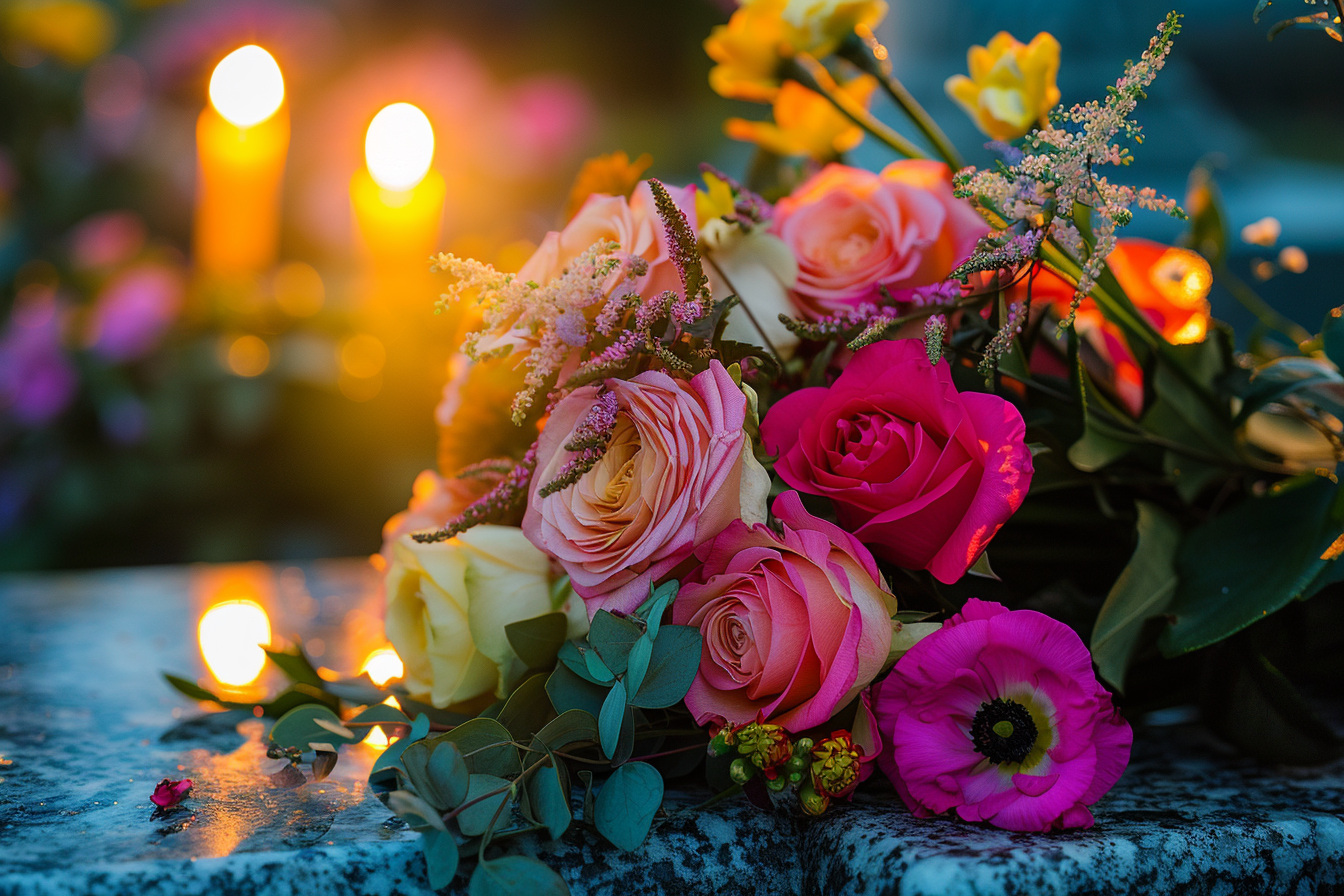 Image gratuite Bouquet de fleurs sur une pierre tombale en marbre 1