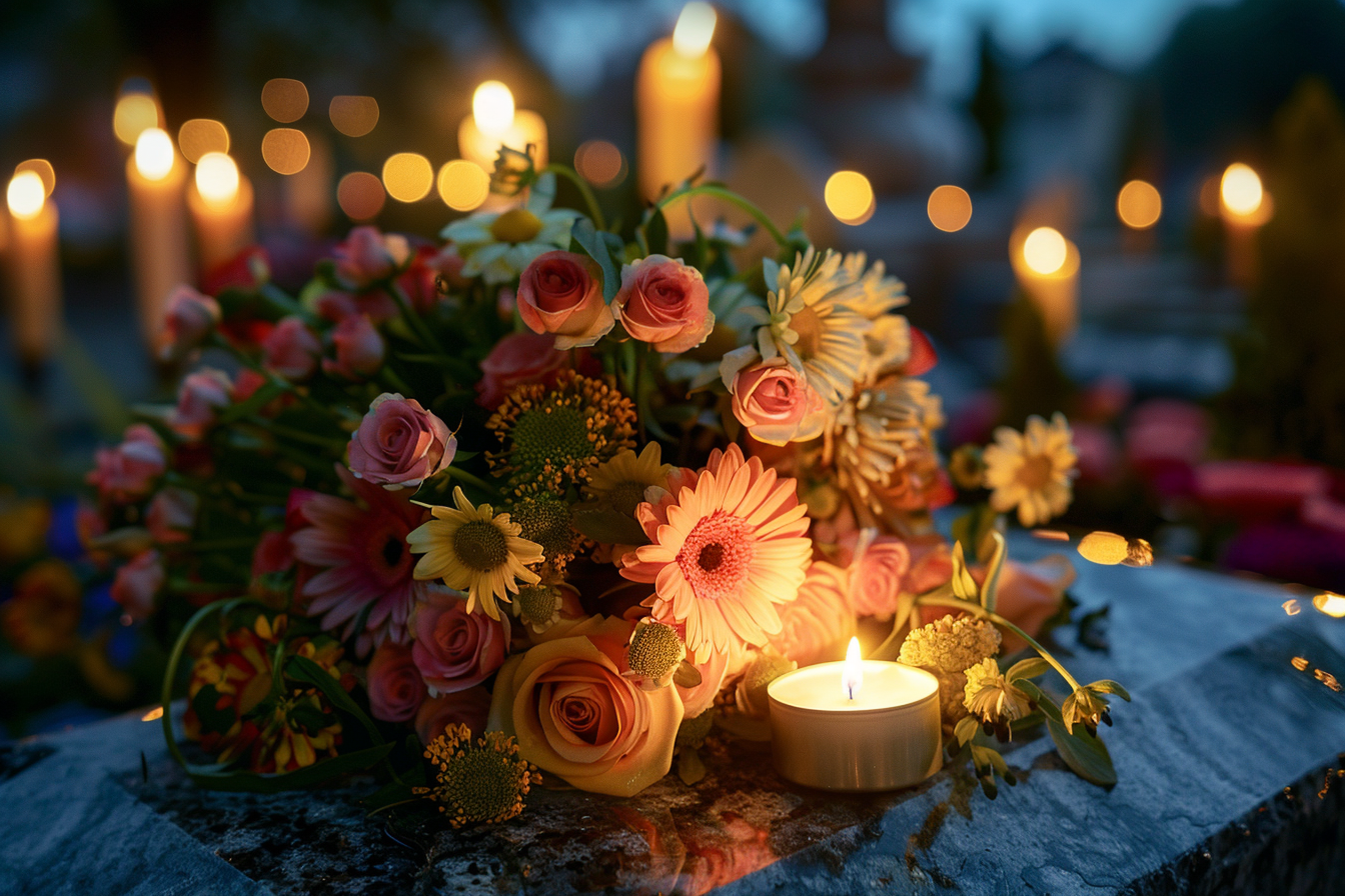 Image gratuite Bouquet de fleurs sur une pierre tombale en marbre 2