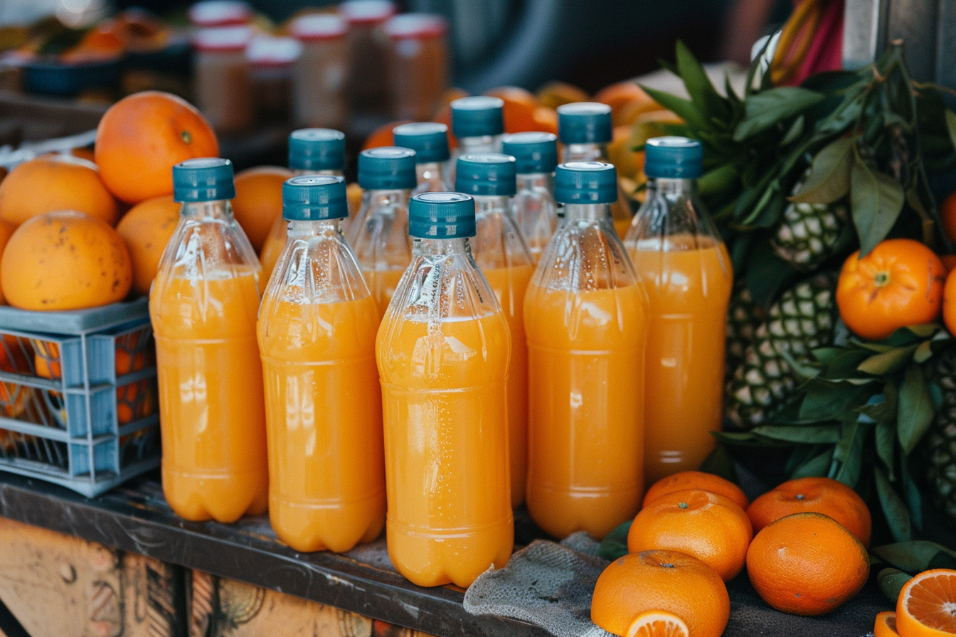 Image gratuite Bouteilles de jus d&rsquo;orange au marché 1