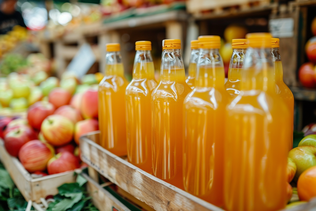 Image gratuite Bouteilles de jus de pomme au marché 1