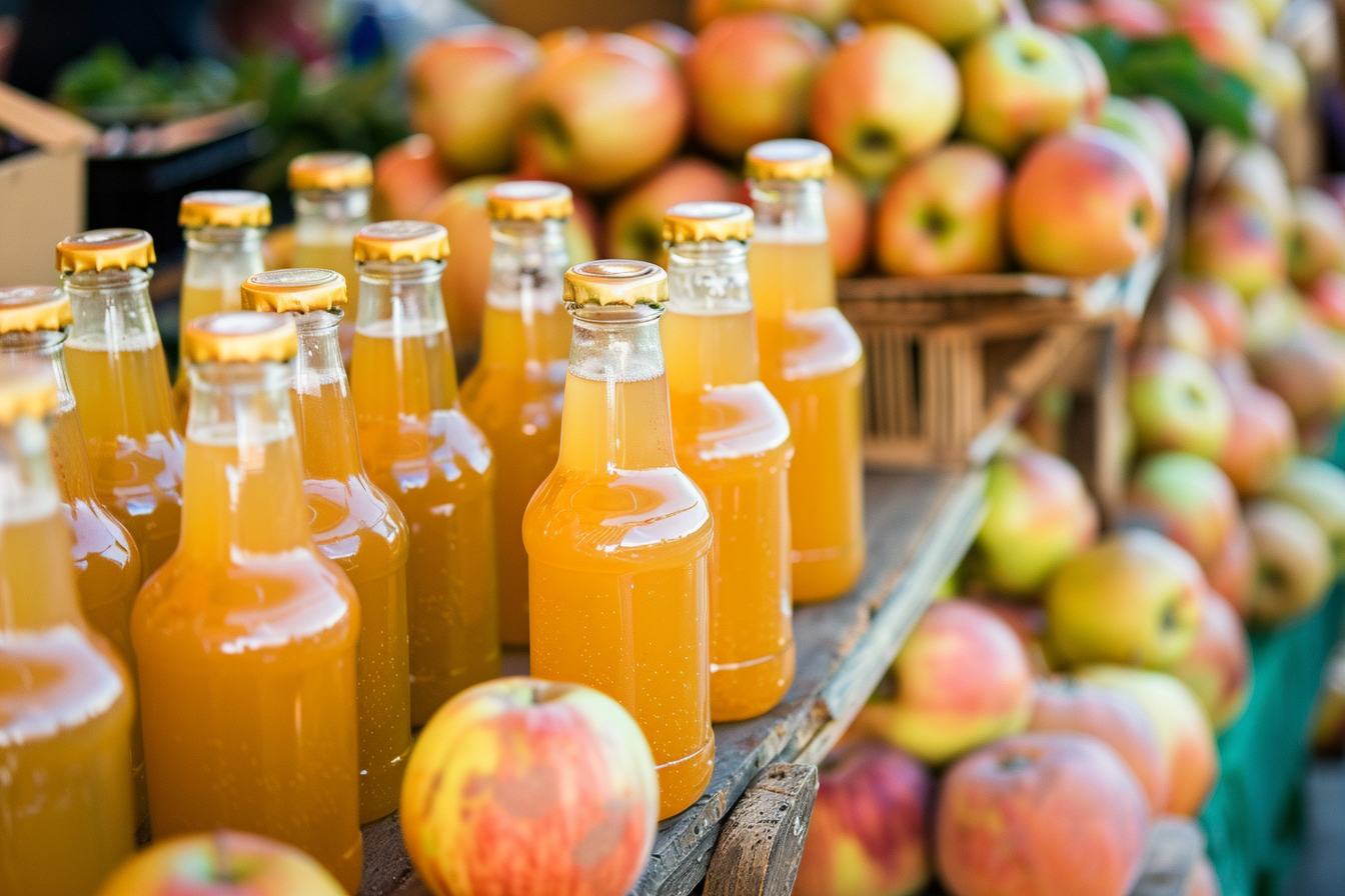 Image gratuite Bouteilles de jus de pomme au marché 2