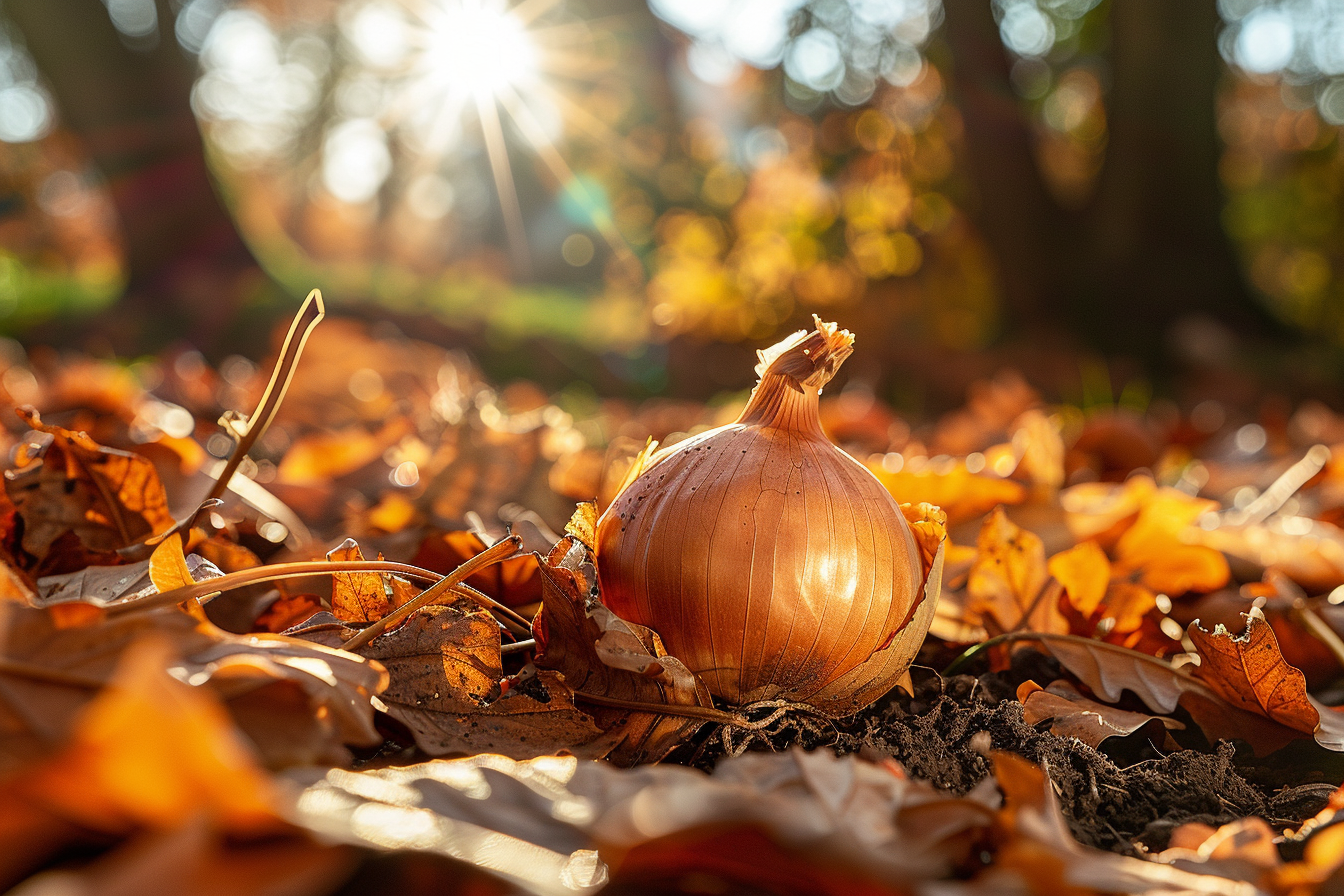 Image gratuite Bulbe oignon doré dans feuilles automne, soleil chaud 1