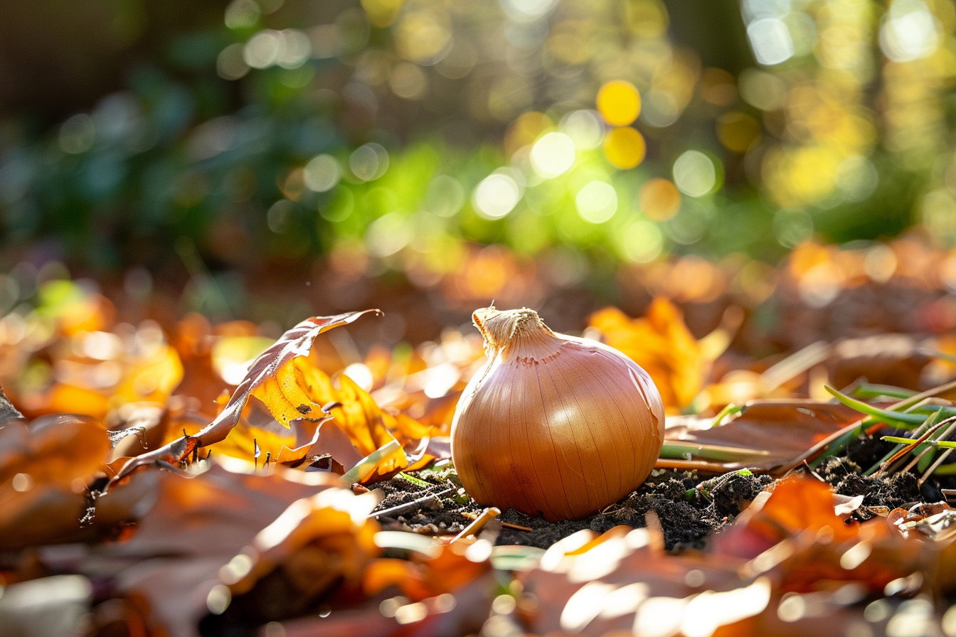 Image gratuite Bulbe oignon doré dans feuilles automne, soleil chaud 2