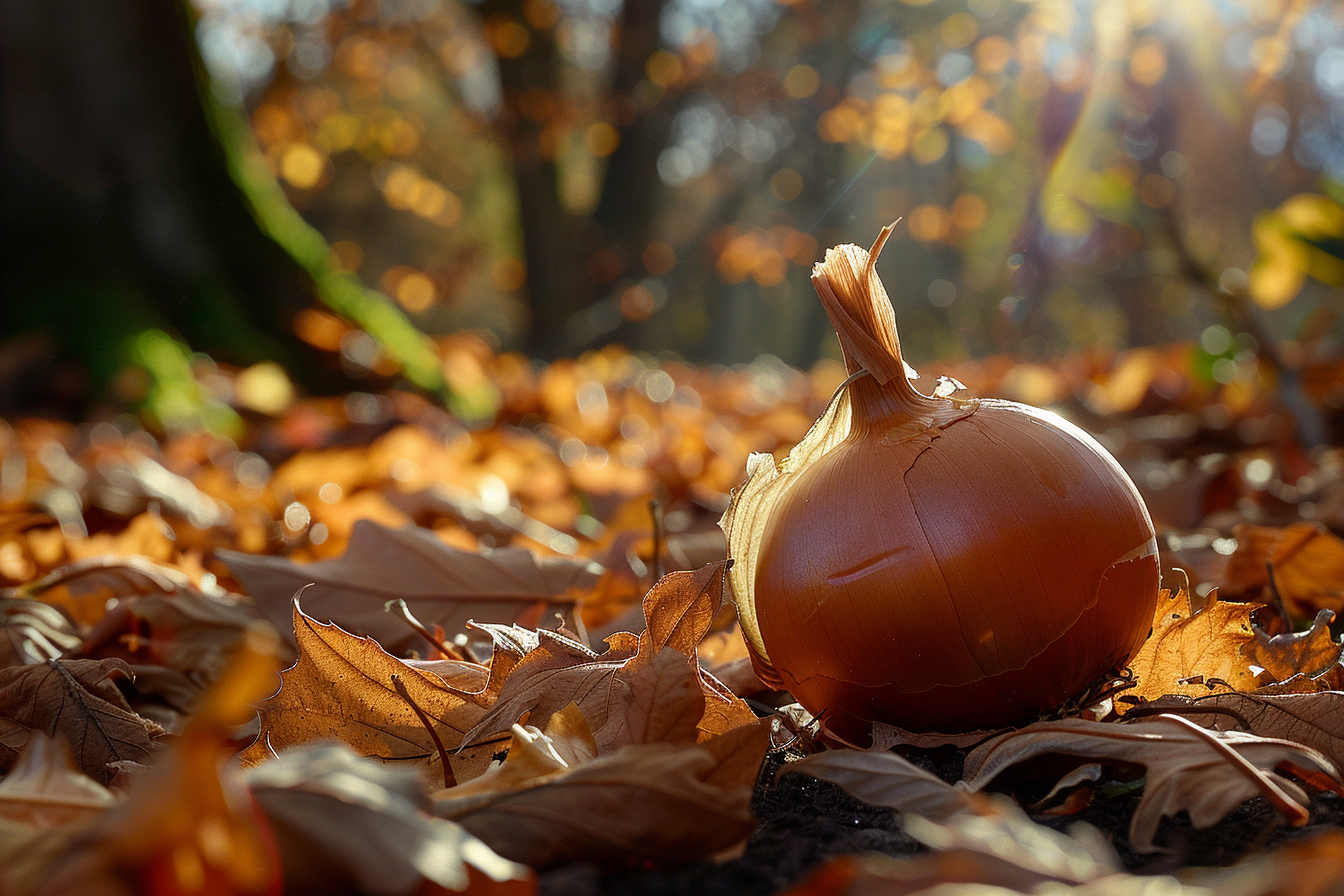 Image gratuite Bulbe oignon doré dans feuilles automne, soleil chaud 3