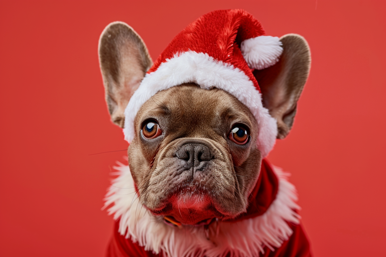 Image gratuite Bulldog français déguisé en Père Noël sur fond rouge 4