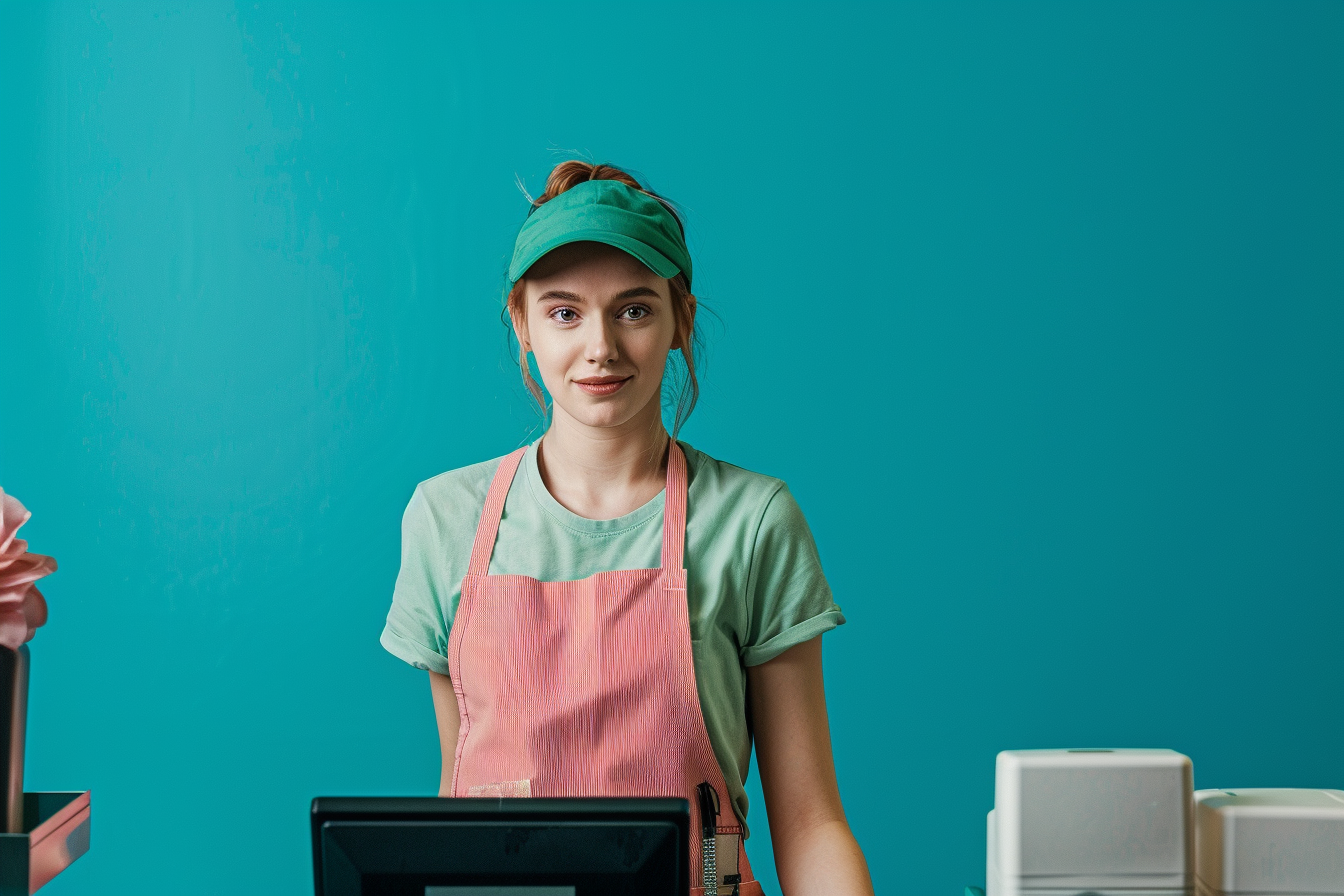 Image gratuite Caissier de détail, fond turquoise 1