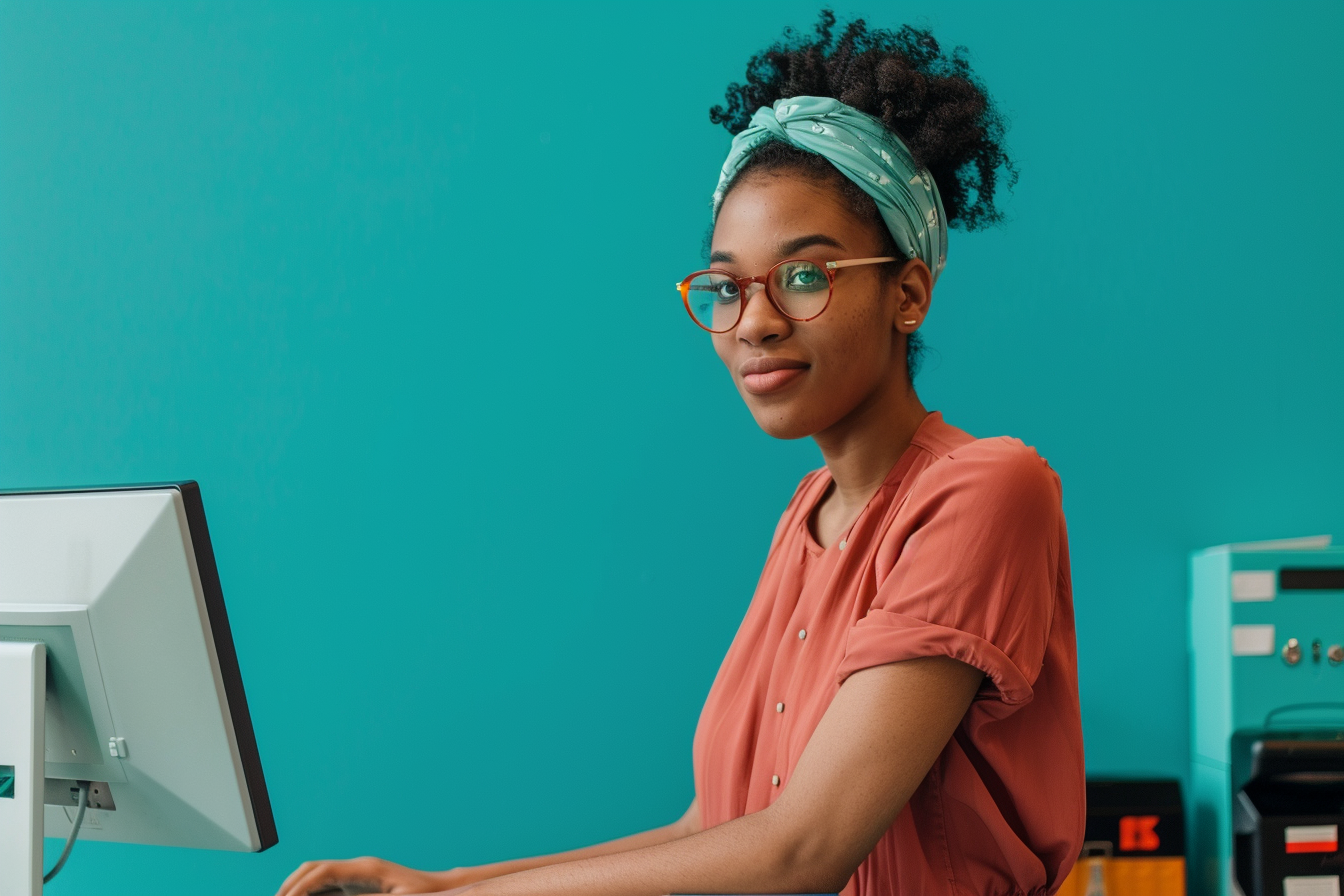 Image gratuite Caissier de détail, fond turquoise 2