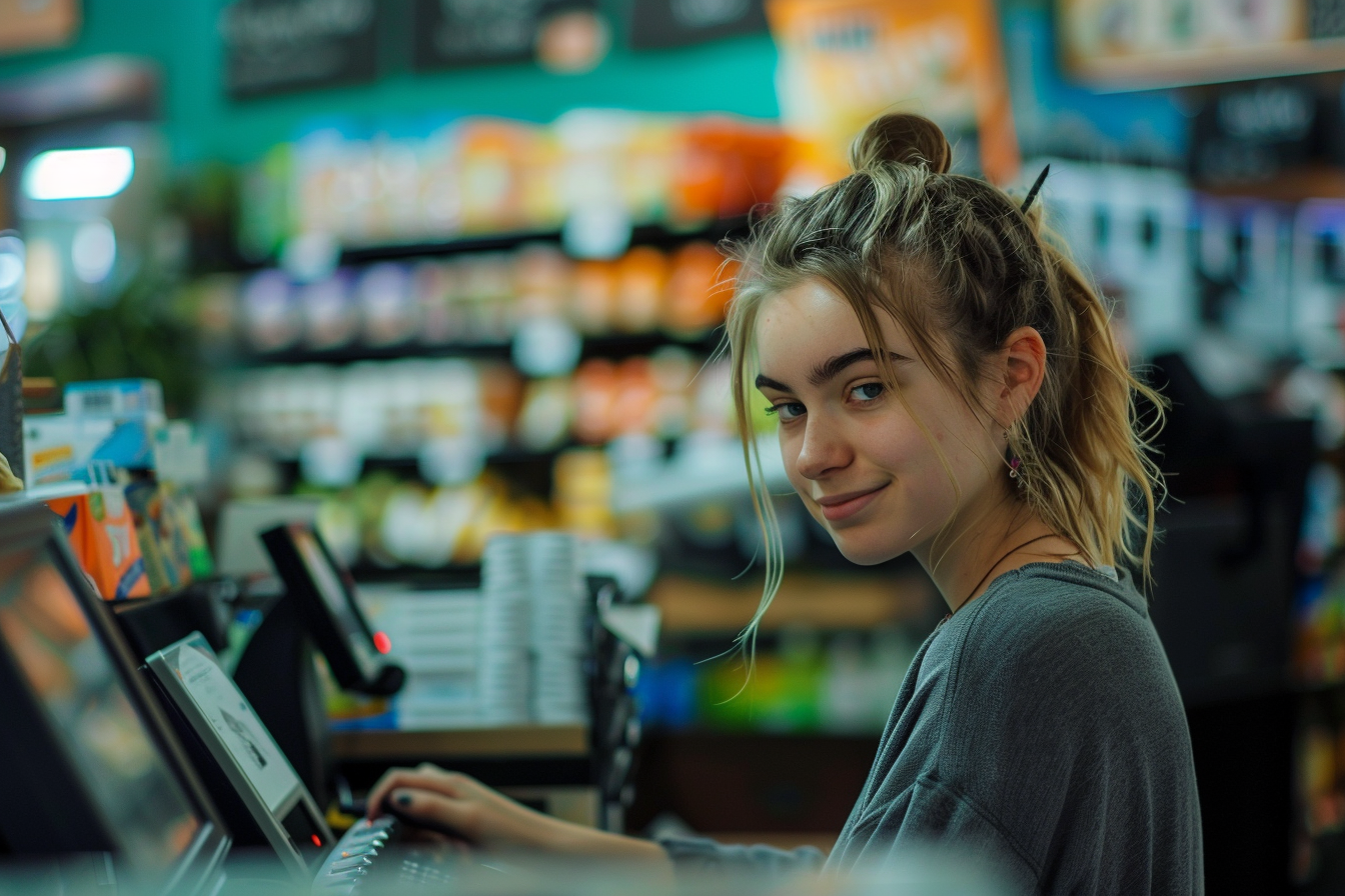 Image gratuite Caissier de détail, fond turquoise 3