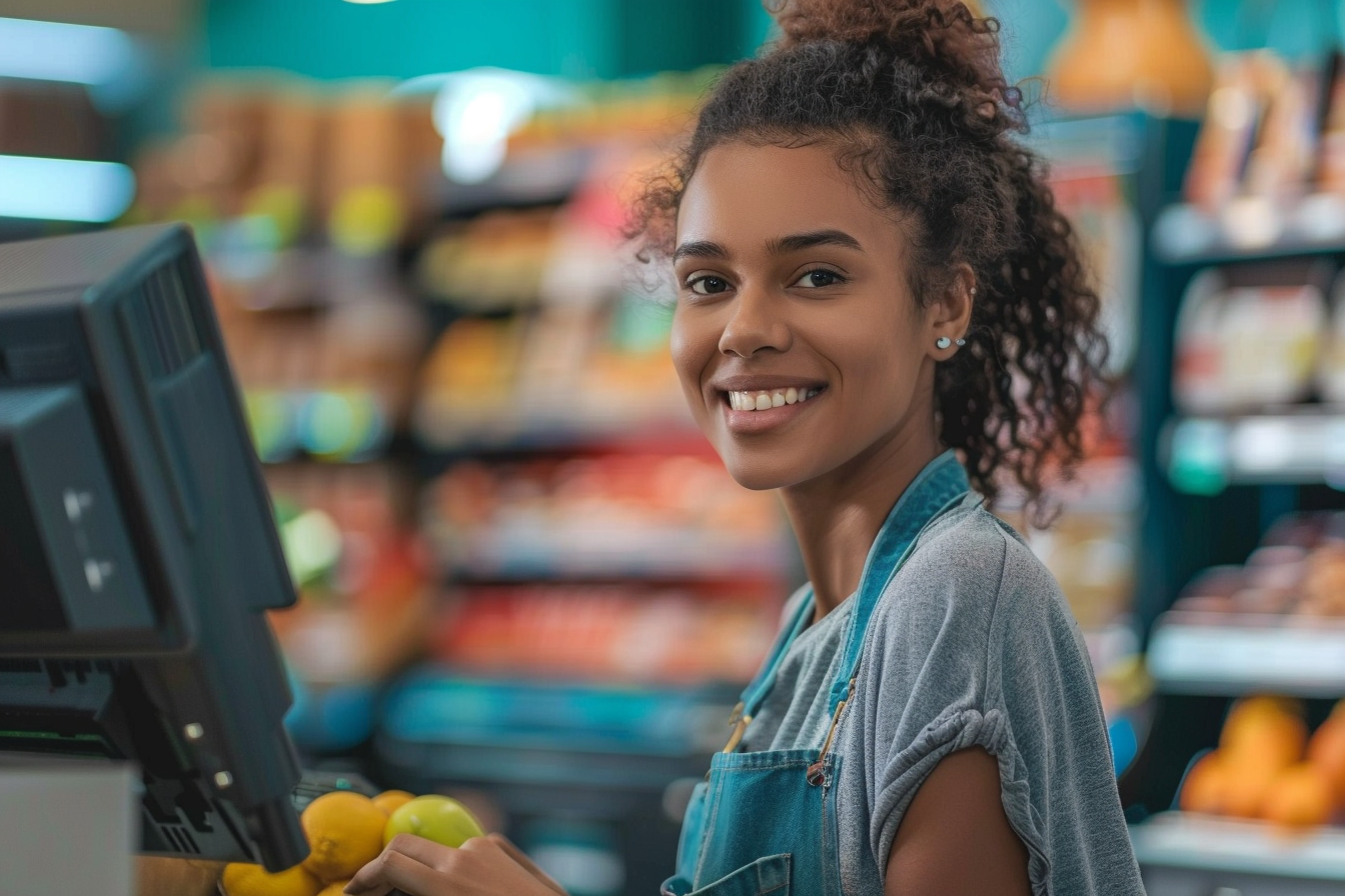 Image gratuite Caissier de détail, fond turquoise 4