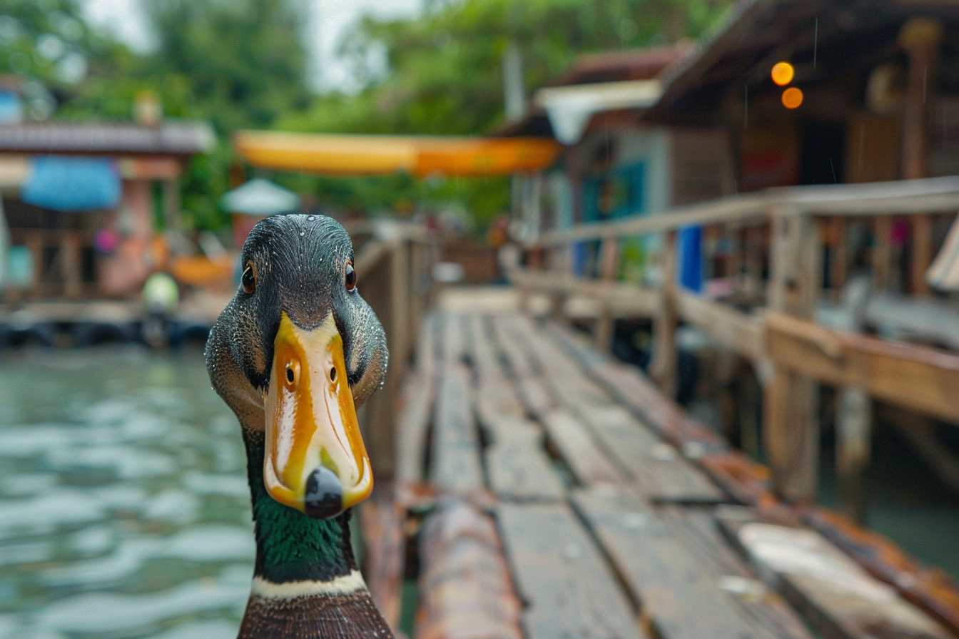 Image gratuite Canard curieux sur pont en bois 1