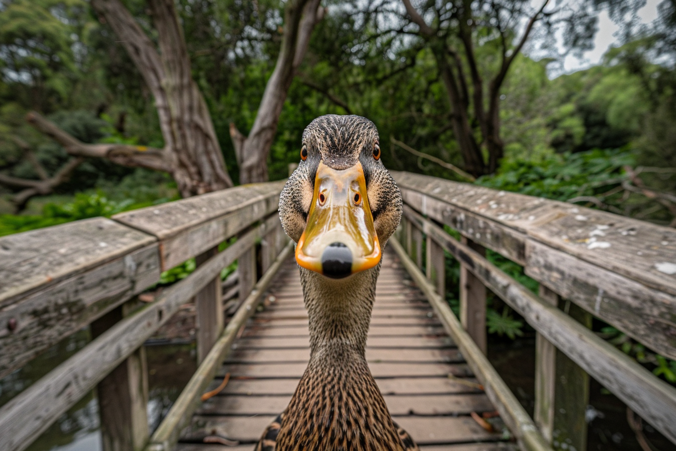 Image gratuite Canard curieux sur pont en bois 2