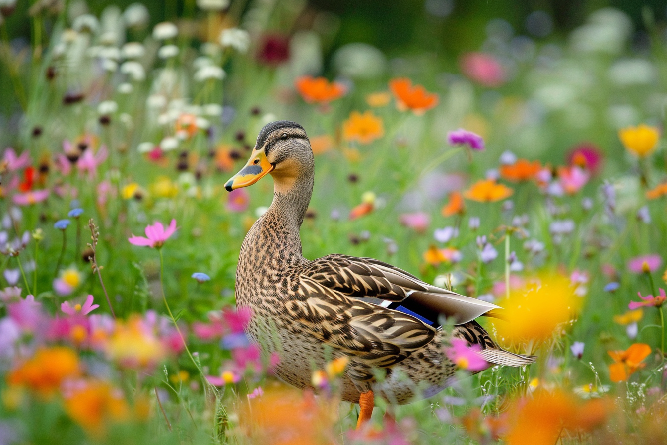 Image gratuite Canard dans champ de fleurs sauvages 2