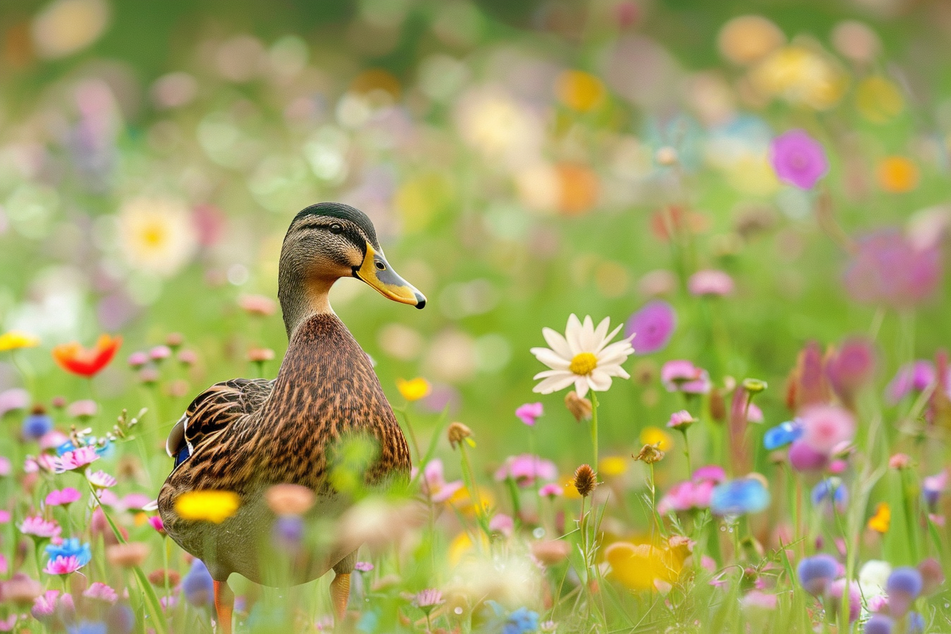 Image gratuite Canard dans champ de fleurs sauvages 3