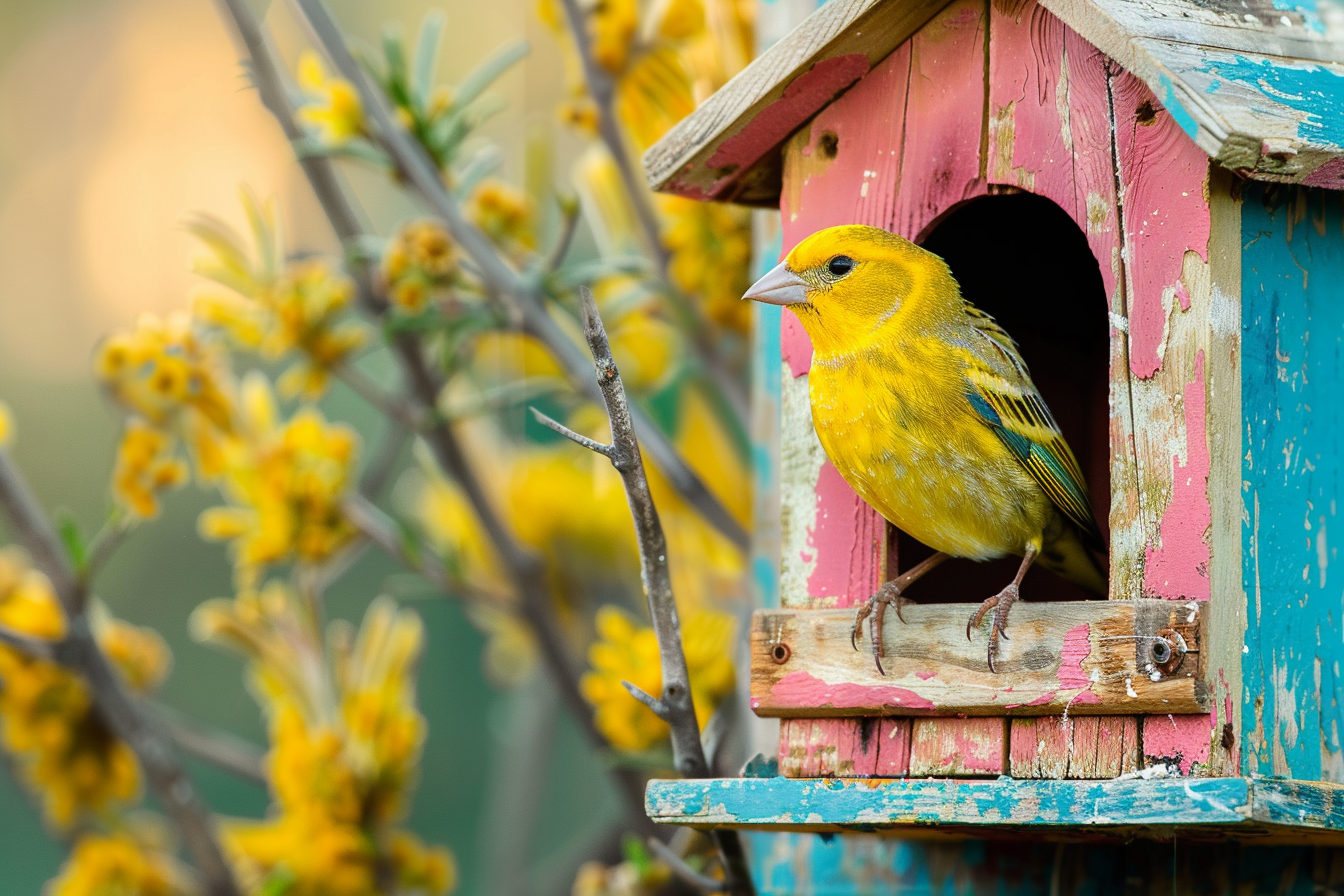 Image gratuite Canari sur une mangeoire colorée 1