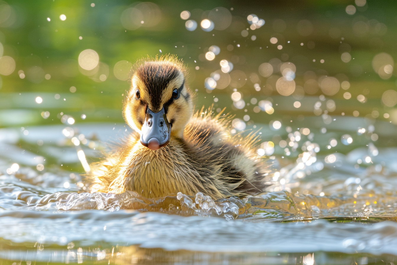 Image gratuite Caneton barbotant dans étang ensoleillé 3