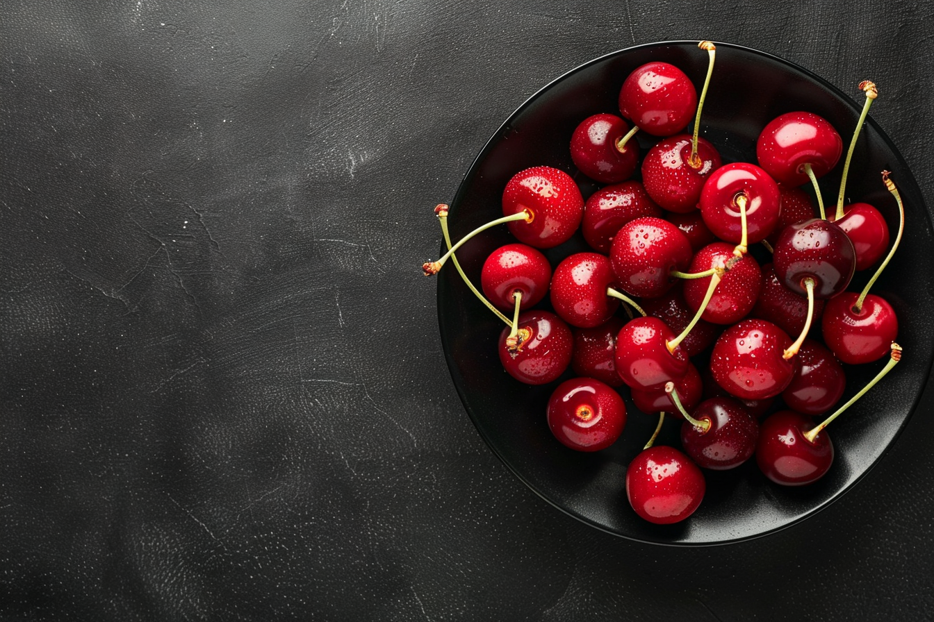Image gratuite Cerises dans un bol sur fond noir 1