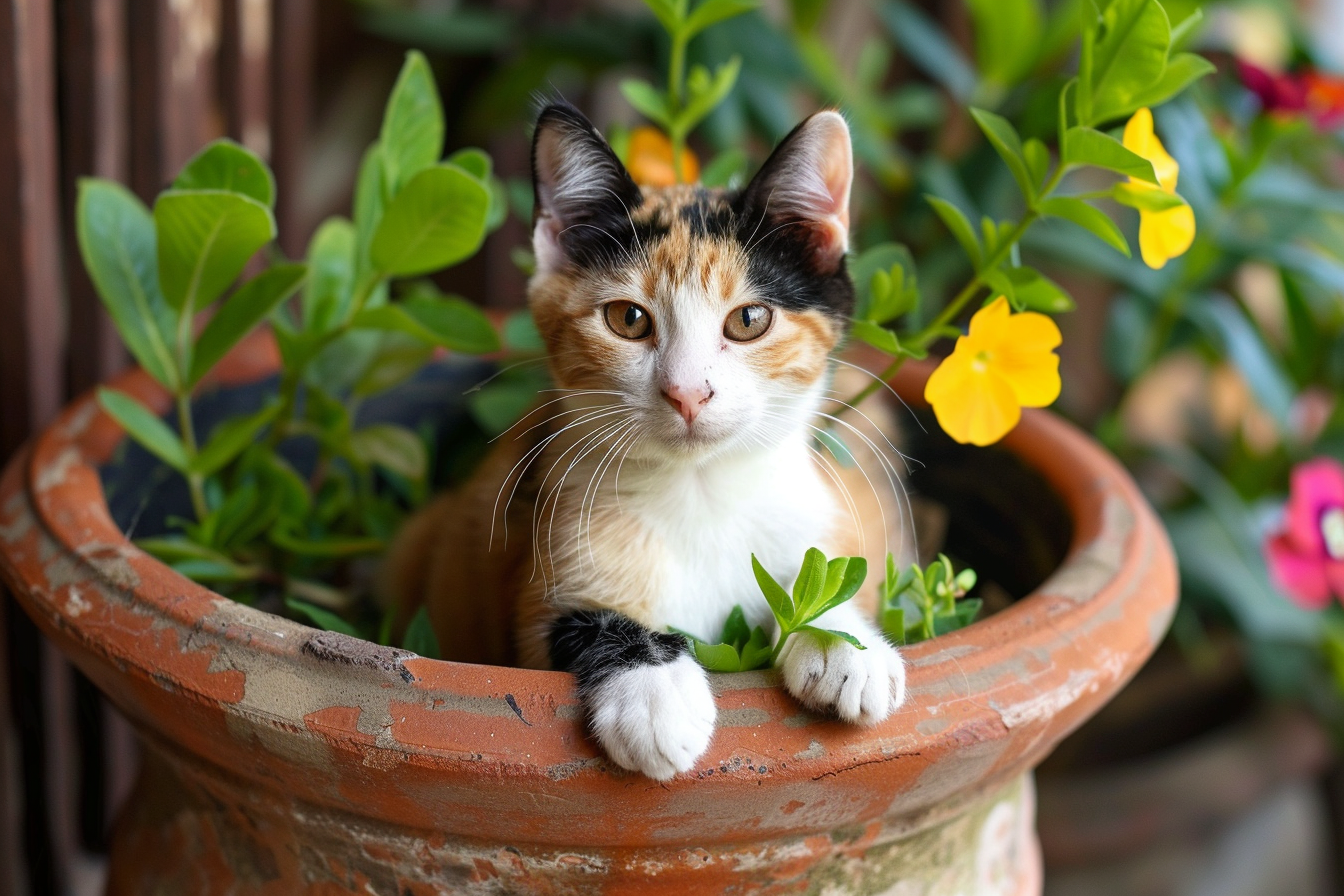 Image gratuite Chat calico dans un pot de fleurs 1