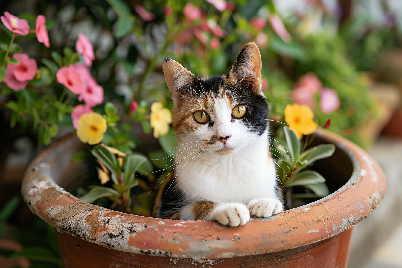 Image gratuite Chat calico dans un pot de fleurs 2
