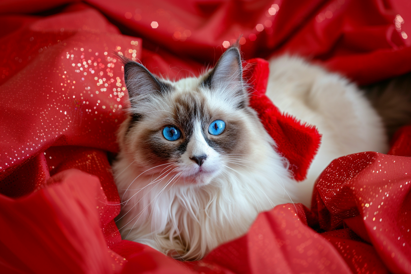 Image gratuite Chat Ragdoll déguisé en cadeau de Noël sur fond rouge 2