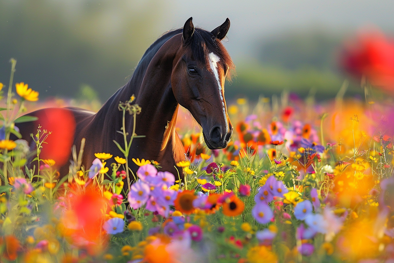Image gratuite Cheval dans champ de fleurs sauvages 1