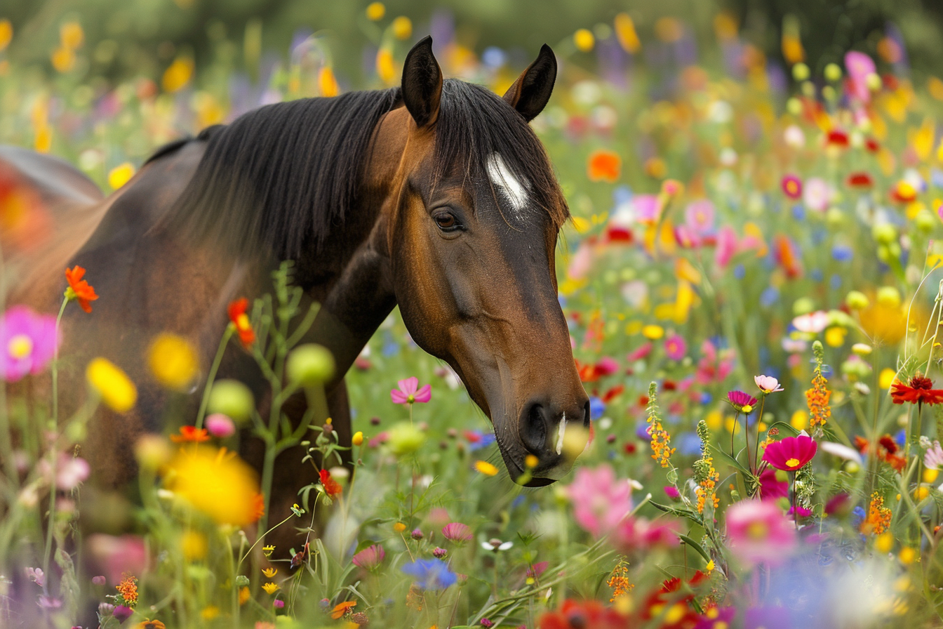 Image gratuite Cheval dans champ de fleurs sauvages 2