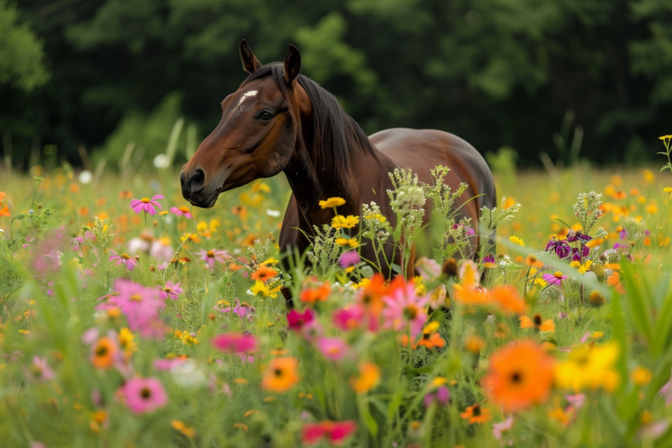 Image gratuite Cheval dans champ de fleurs sauvages 3
