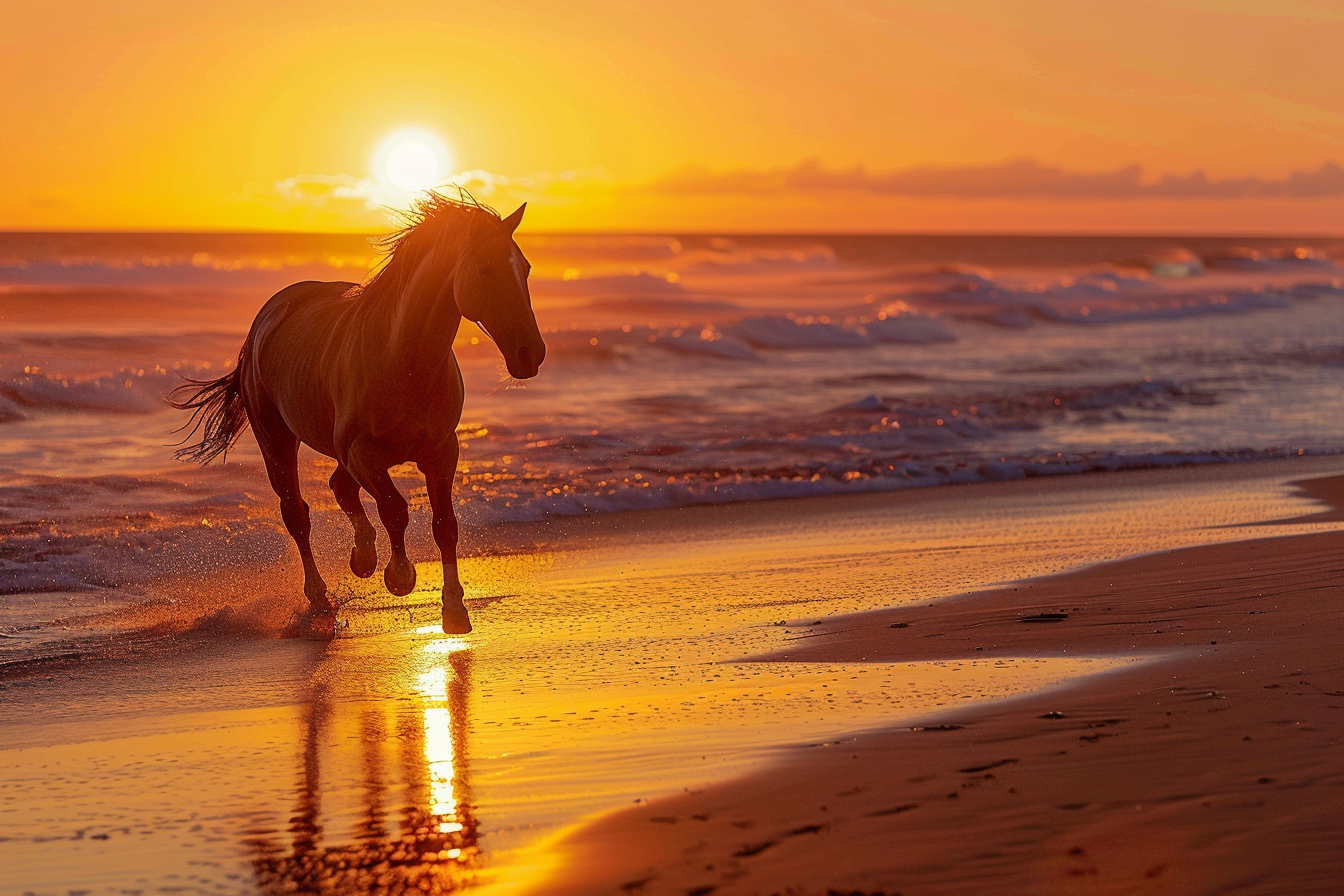 Image gratuite Cheval galopant sur plage au coucher du soleil 1