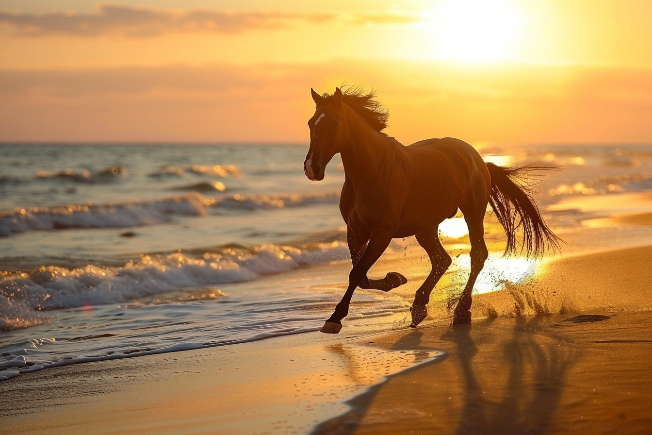 Image gratuite Cheval galopant sur plage au coucher du soleil 2