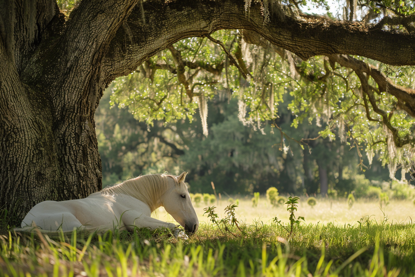 Image gratuite Cheval sous chêne imposant 1