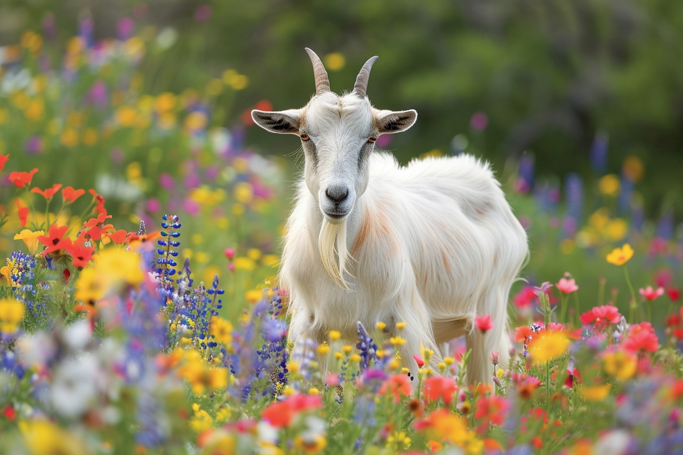Image gratuite Chèvre dans champ de fleurs sauvages 1