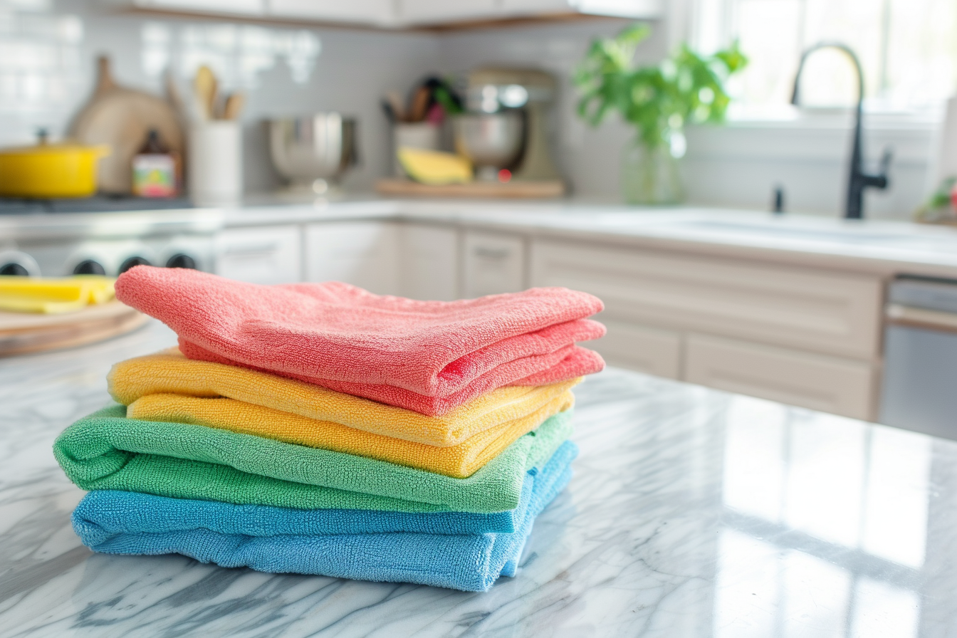 Image gratuite Chiffons de nettoyage écologiques sur comptoir en marbre 1