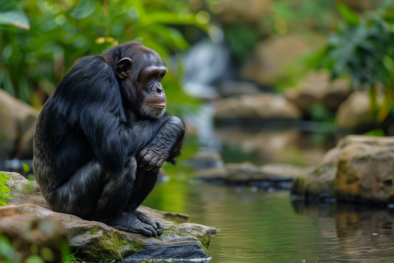 Image gratuite Chimpanzé contemplatif près d&rsquo;un ruisseau 1