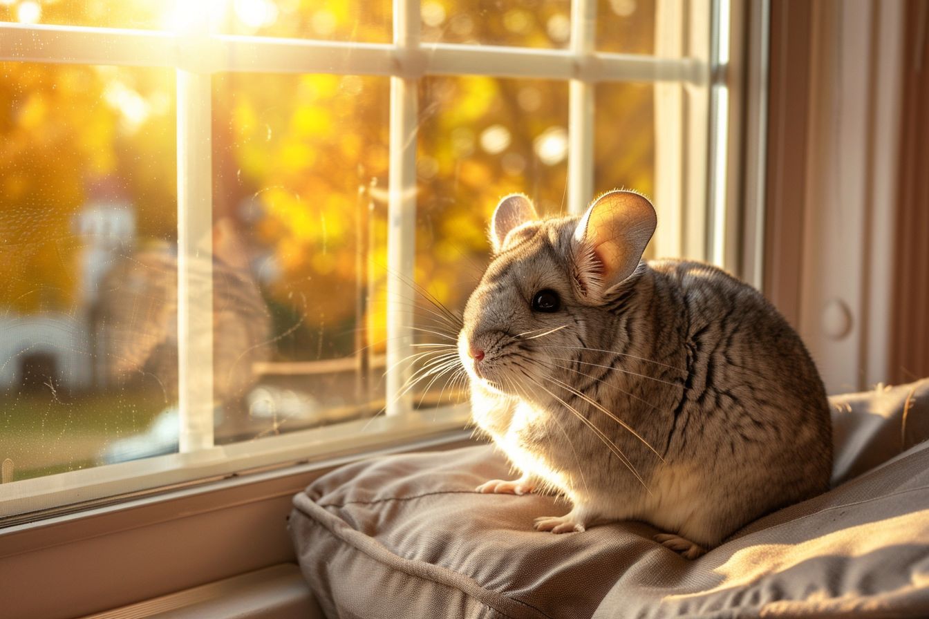 Image gratuite Chinchilla paisible sur coussin dans baie vitrée 3