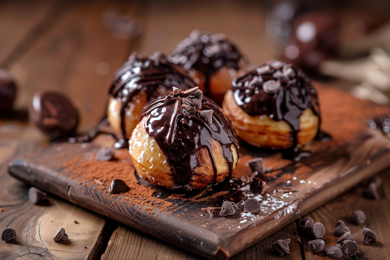 Image gratuite Chouquettes avec chocolat fondu sur planche en bois 1
