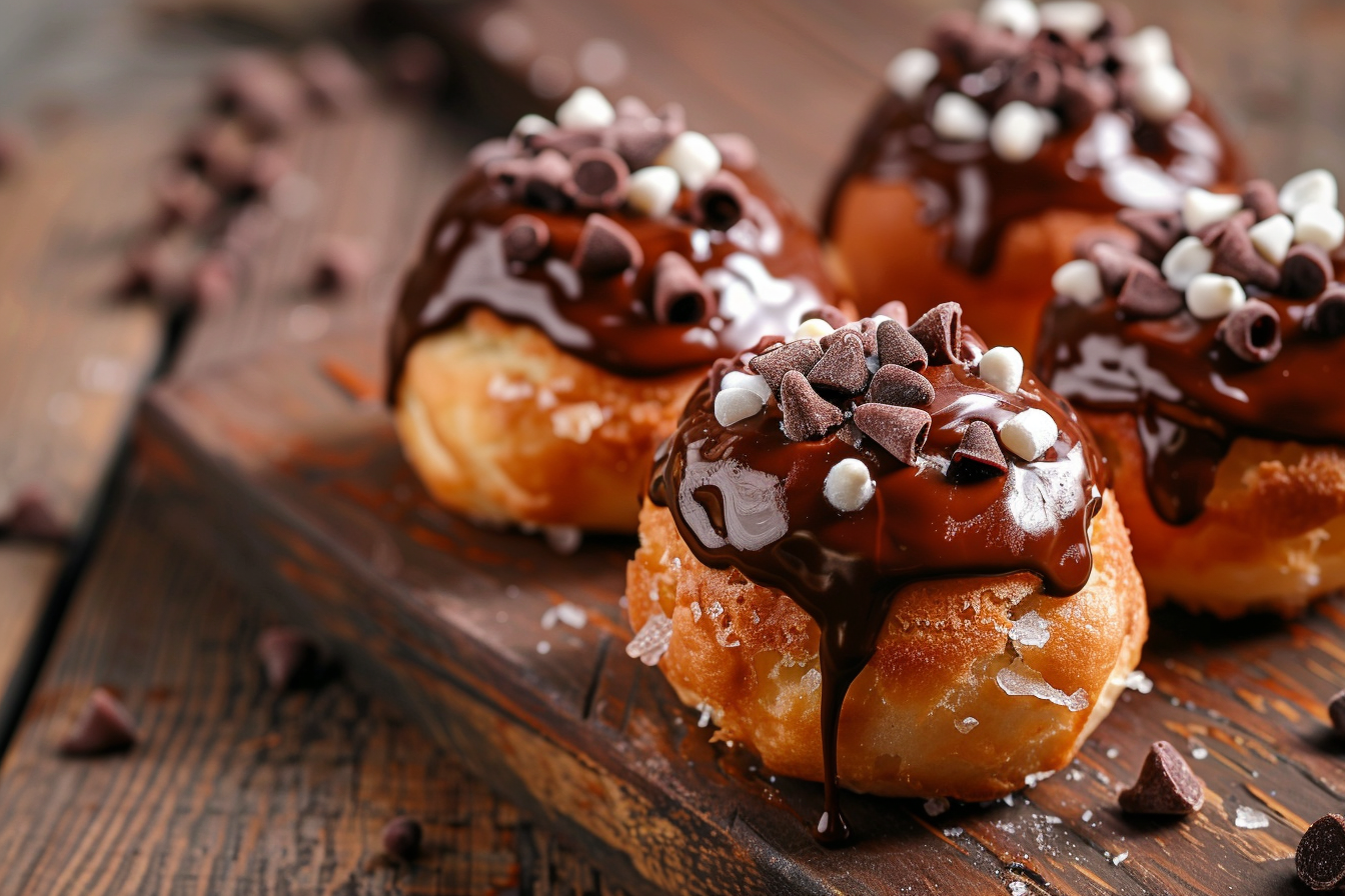 Image gratuite Chouquettes avec chocolat fondu sur planche en bois 2