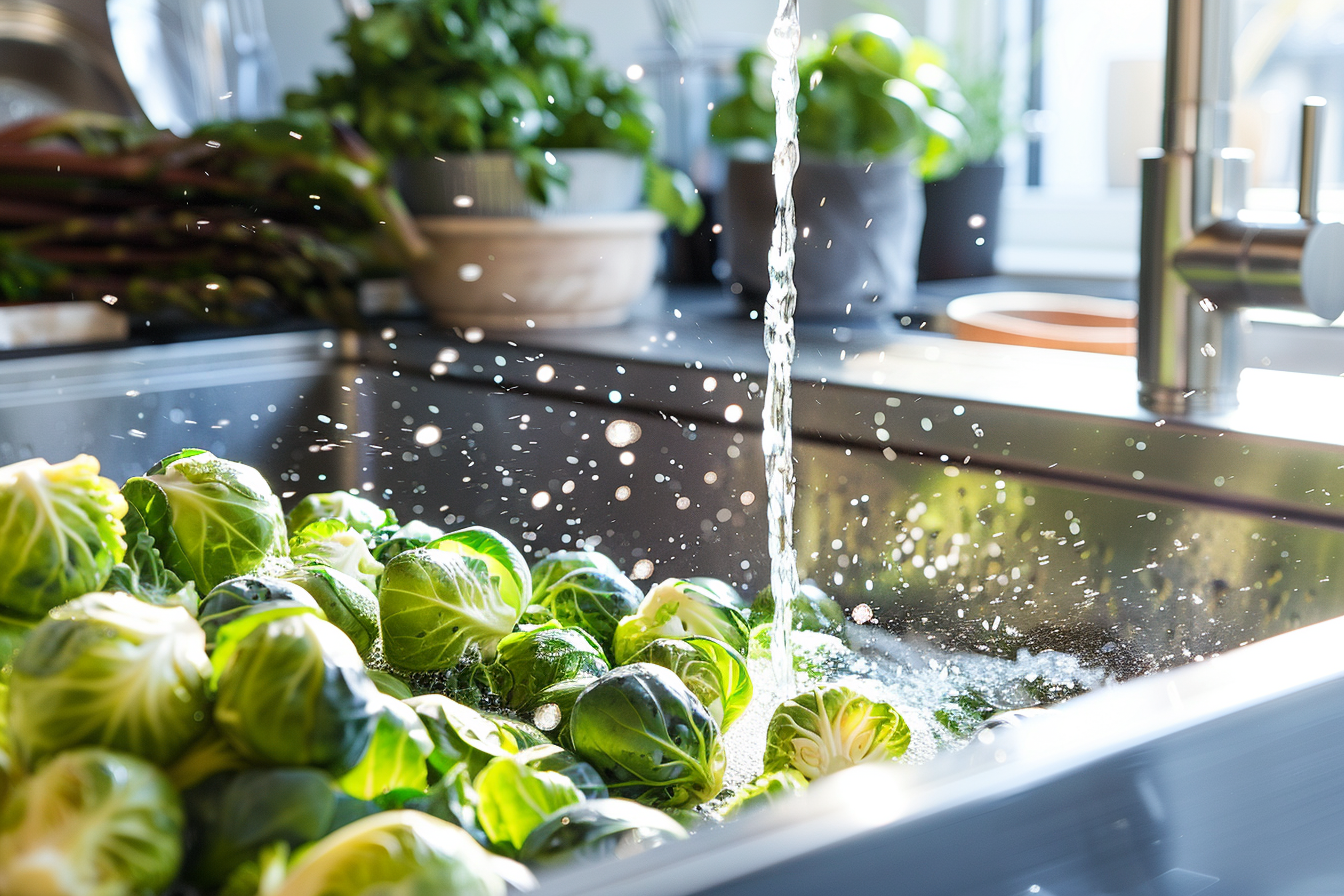 Image gratuite Choux de Bruxelles lavés sous eau courante 4