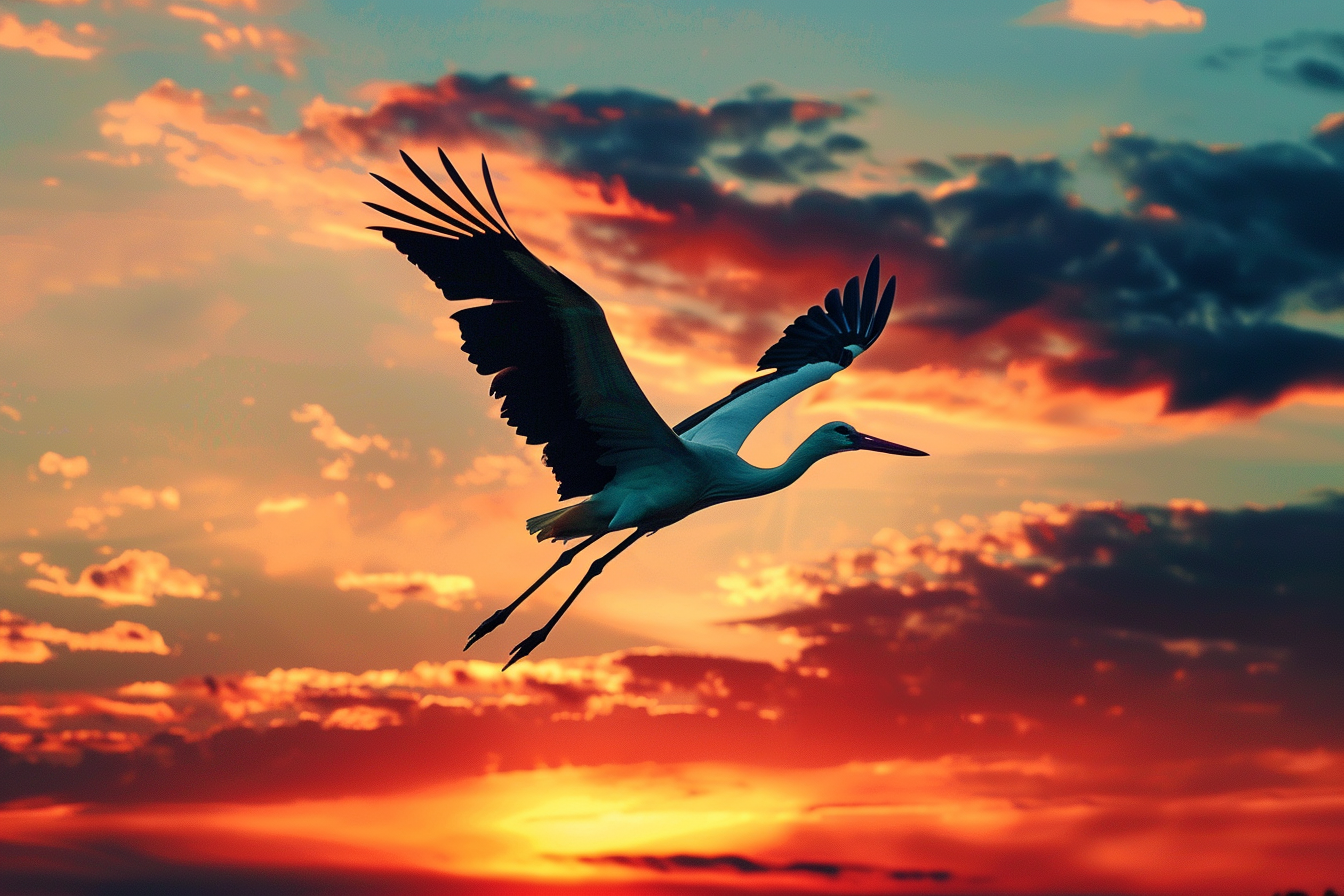 Image gratuite Cigogne planant au coucher de soleil 1