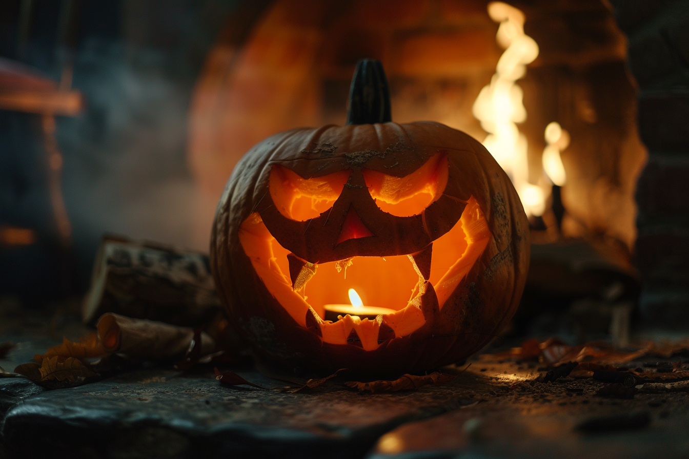 Image gratuite Citrouille démoniaque devant cheminée aux flammes vacillantes 1