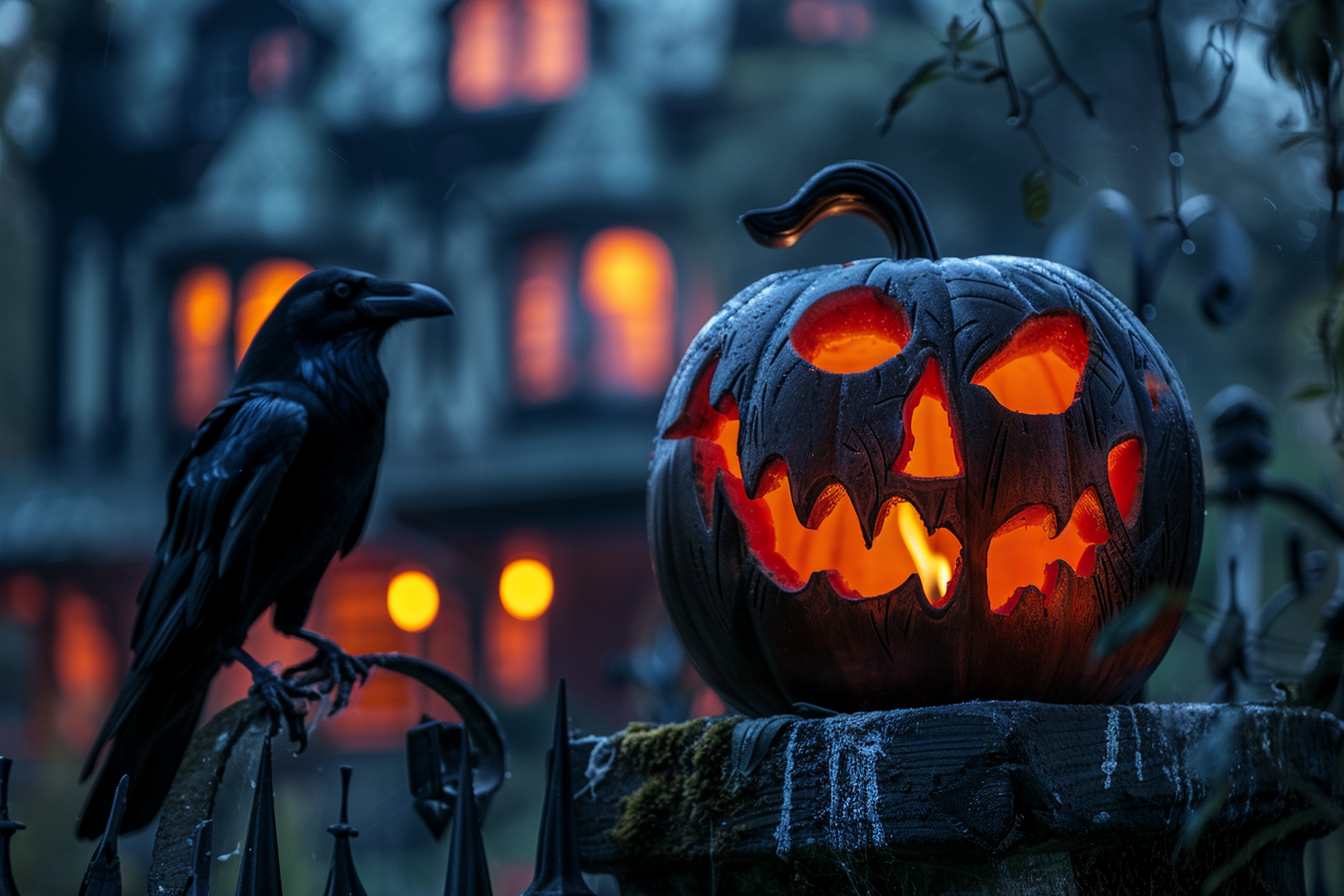 Image gratuite Citrouille jack-o-lantern démoniaque entourée de corbeaux 1