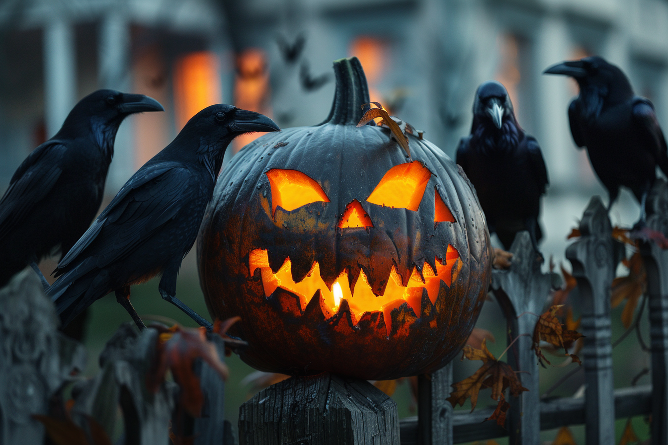 Image gratuite Citrouille jack-o-lantern démoniaque entourée de corbeaux 2