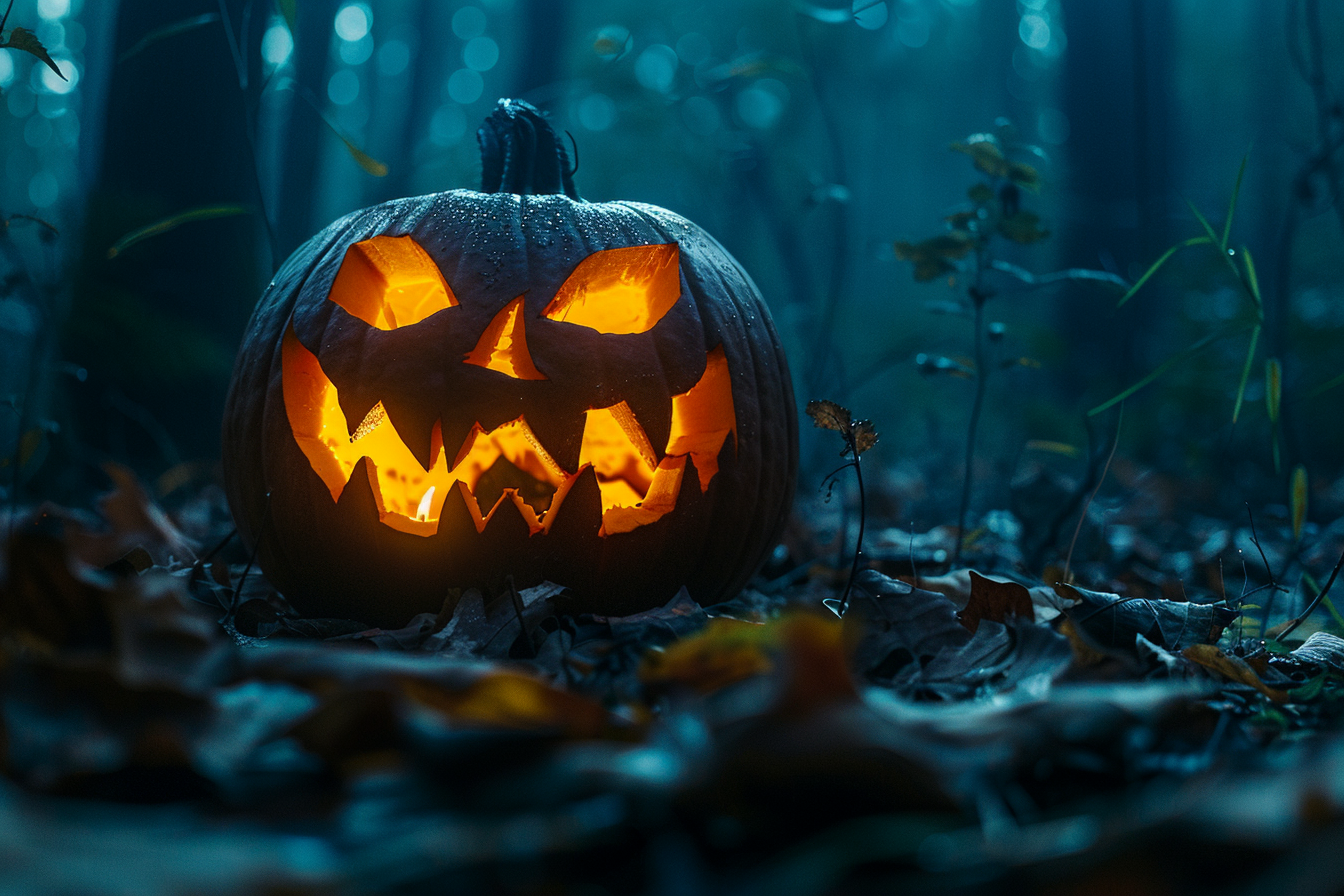 Image gratuite Citrouille jack-o-lantern effrayante dans forêt hantée 2