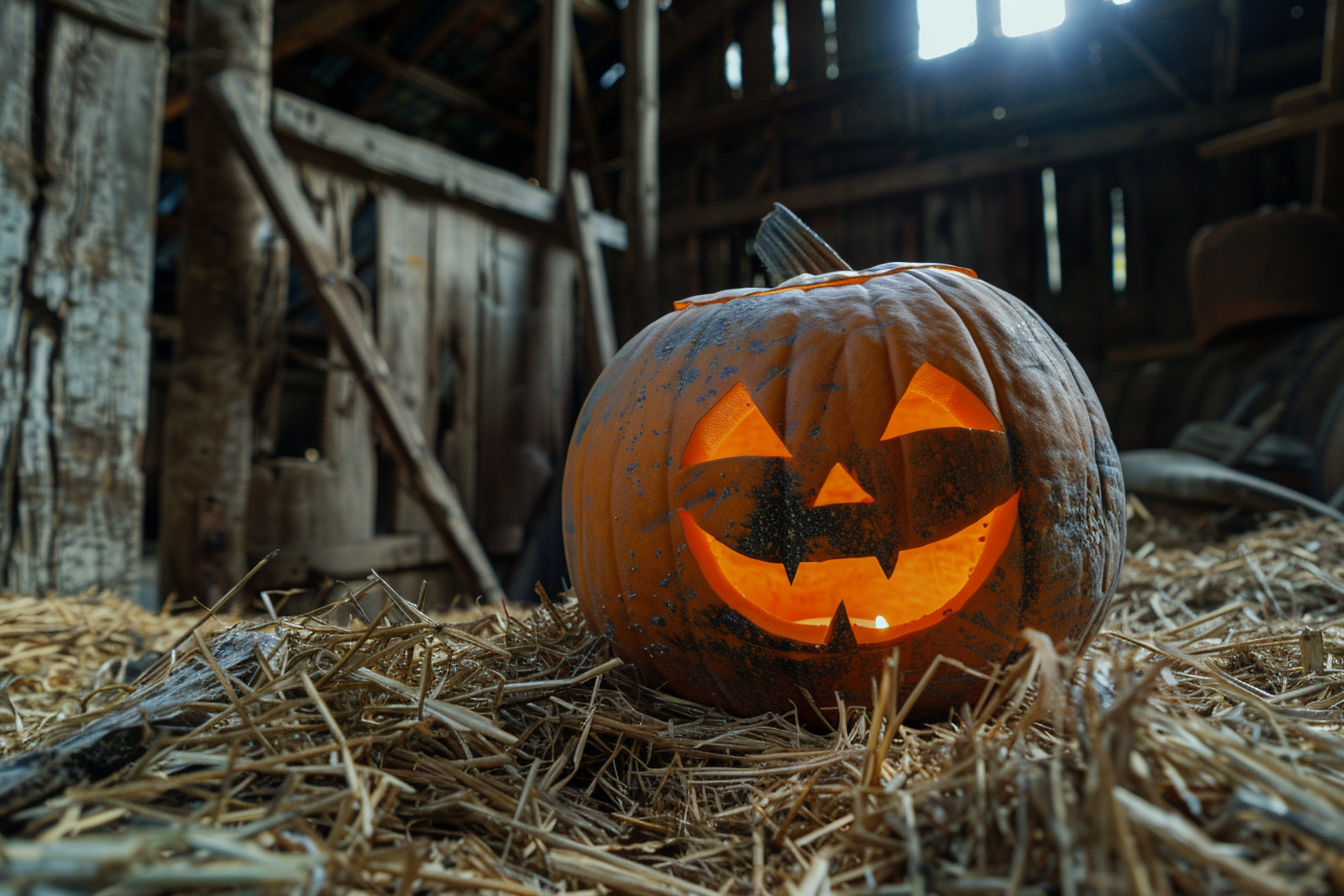 Image gratuite Citrouille jack-o-lantern maléfique dans vieille grange 1